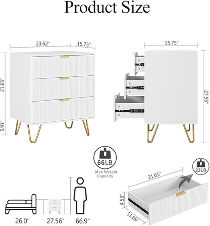 Fluted 3 Drawer Dresser for Bedroom, Modern Storage Bedroom Dresser Chest Cabinet Organizer with Anti-Tip Hardware for Living Room, Dressing Room, Kids Room, Office (White)