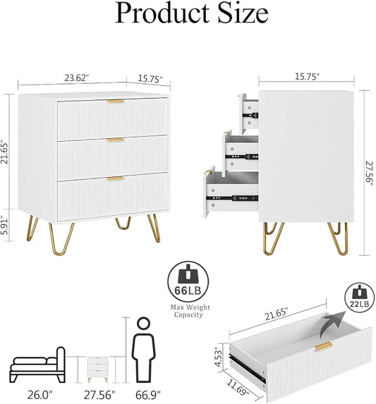 Fluted 3 Drawer Dresser for Bedroom, Modern Storage Bedroom Dresser Chest Cabinet Organizer with Anti-Tip Hardware for Living Room, Dressing Room, Kids Room, Office (White)