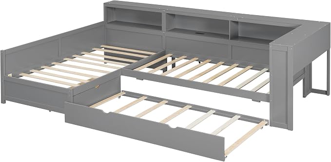Bellemave L Shaped Corner Bed for 2 Kids, Double Twin Platform BedFrame with Trundle and 5 Storage Shelves, Charging Station, Gray