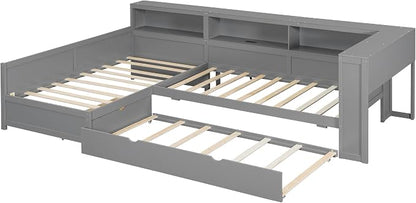 Bellemave L Shaped Corner Bed for 2 Kids, Double Twin Platform BedFrame with Trundle and 5 Storage Shelves, Charging Station, Gray