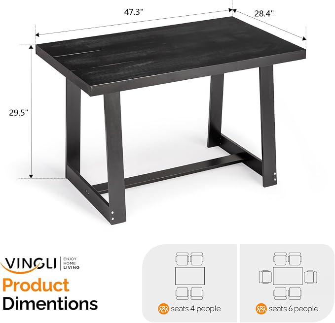 VINGLI 48 Inch Farmhouse Dining Table for 4-6, Solid Pine Wood Table with 4 Corner Protectors, Rectangular Dining Table for Kitchen, Dining Room, Small Apartment, Studio, Family Dinner, Black