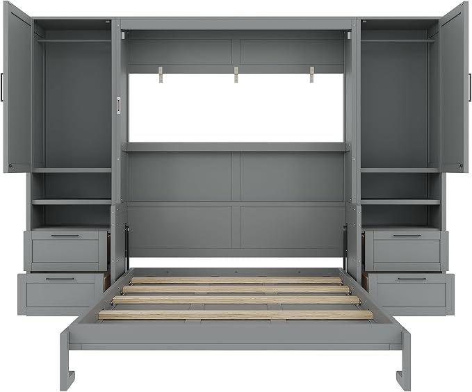 Merax Queen Size Murphy Bed with Desk, Space-Saving Wall Bed Frame with Closet, Drawers and Shelves, Foldable Platform Bed for Small Spaces Studio Study Office Guest Room, Gray