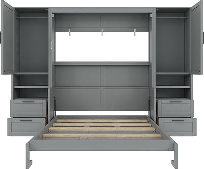 Merax Queen Size Murphy Bed with Desk, Space-Saving Wall Bed Frame with Closet, Drawers and Shelves, Foldable Platform Bed for Small Spaces Studio Study Office Guest Room, Gray