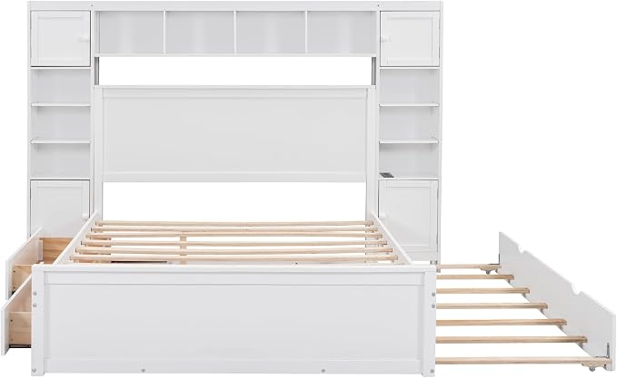 Merax Queen Size Wooden Bed with All-in-One Cabinet and Shelf, White Platform Bed Frame with 2 Drawers, Trundle and Sockets