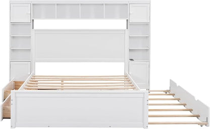 Merax Queen Size Wooden Bed with All-in-One Cabinet and Shelf, White Platform Bed Frame with 2 Drawers, Trundle and Sockets
