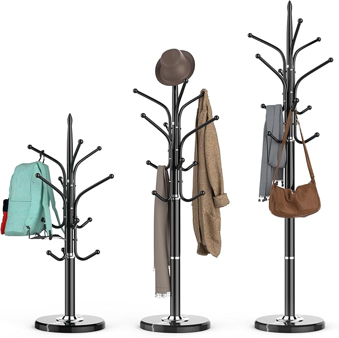 HzTinT Heavy Duty Coat Rack with Marble Base, Freestanding Hall Coat Tree with 12 Hooks and 3 Adjustable Sizes, Metal Coat Rack Stand for Entryway, Bedroom, Office Hanging Purses, Coats, Scarves, Hats