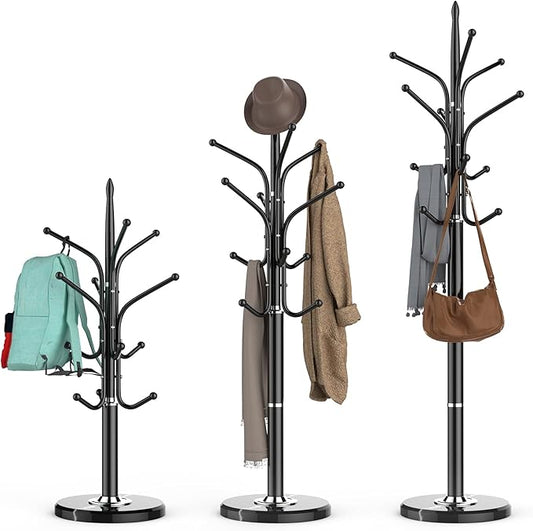HzTinT Heavy Duty Coat Rack with Marble Base, Freestanding Hall Coat Tree with 12 Hooks and 3 Adjustable Sizes, Metal Coat Rack Stand for Entryway, Bedroom, Office Hanging Purses, Coats, Scarves, Hats