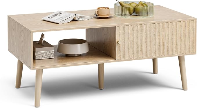 LCRBOL Coffee Table with Fluted Sliding Door, Modern, Natural | 39.3"L x 19.7"W x 17.1"H, double-sided sliding door & open shelf (7.5" clearance), golden knob, 5 tapered legs