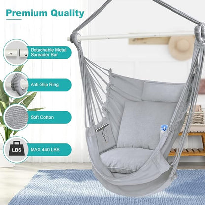 Outerman Hammock Chair, Hanging Chair with 3 Cushions and Foot Rest Support, Durable Metal Spreader Bar Max 440 Lbs, Swing Chair for Bedroom, Indoor & Outdoor, Patio, Porch or Tree（Gray）