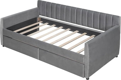 Merax Upholstered Daybed with 2 Drawers, Twin Size Bed Frame with Storage and Wood Slat Support, Gray