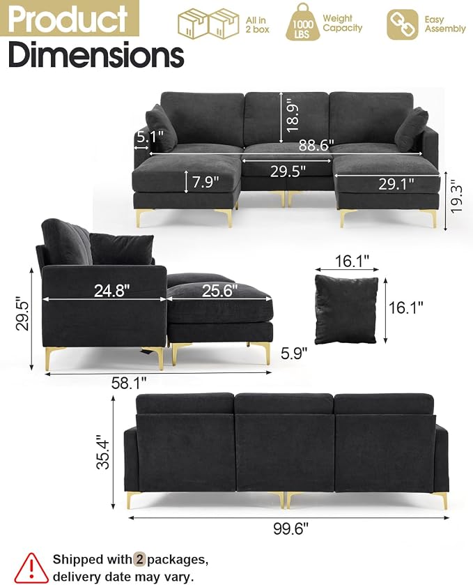 Karl home 99.6" 3-Seat U-Shaped Sectional Sofa, Gray | Chenille Upholstered, 2 Movable Ottomans, Cloud-Like Seat, 2 Throw Pillows, Comfy Deep Seat, Living Room, Apartment, Office