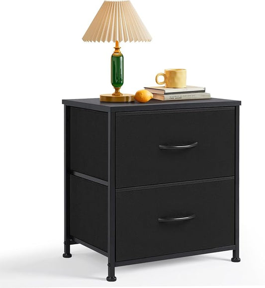 Nightstand Upgraded, Small 2 Drawer Dresser End Table Bedside Furniture, Wooden Top Fabric Bins for Bedroom, Closet, Entryway, Dorm, 11.8" D x 18" W x 20", Black