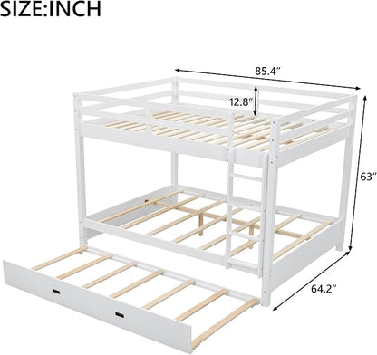 Bellemave Queen Over Queen Size Bunk Bed with Trundle for Kids/Adults,Solid Wood Bunk Bed Frame Queen Size with Ladder & Safety Guardrails,White