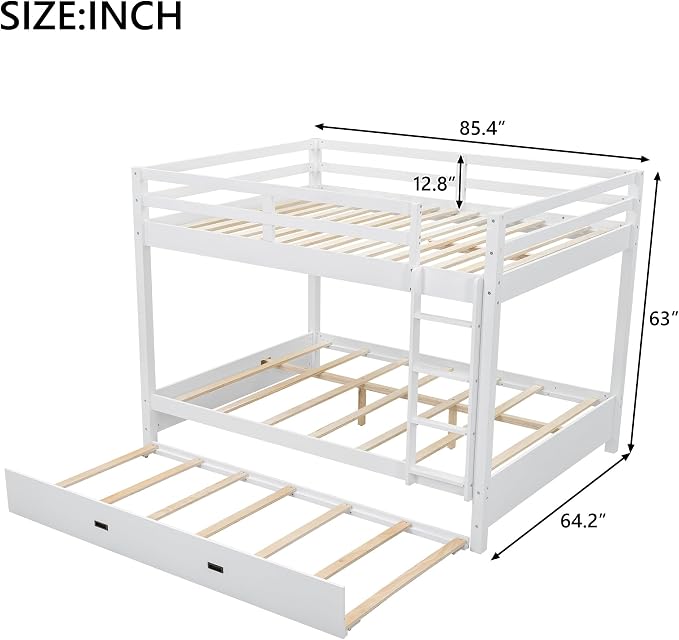 Merax Wood Queen Bunk Bed with Twin XL Trundle & Ladder - Space-Saving Design, Sturdy Frame & Guard Rails,White