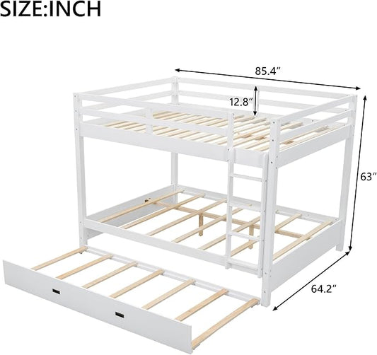 Merax Wood Queen Bunk Bed with Twin XL Trundle & Ladder - Space-Saving Design, Sturdy Frame & Guard Rails,White