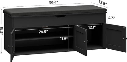 Homleke Shoe Storage Bench with Lift Top & 3 Barn Doors, Entryway Bench with Removable Cushion, Adjustable Shelf, Hidden Storage Cabinet for Hallway, Living Room, Bedroom - Black