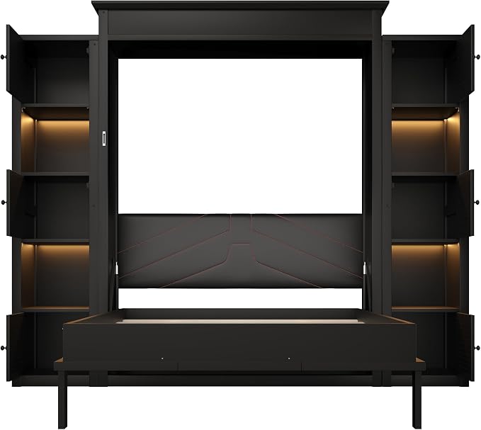 MERITLINE Queen Murphy Bed with Storage Bookcase Shelves and LED Light, Solid Wood Murphy Wall Beds with Storage Cabinet Shelves,for Adults,Space-Saving for Office,Bedroom,Guest Room
