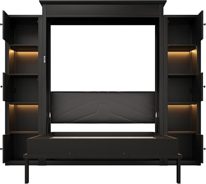 MERITLINE Queen Murphy Bed with Storage Bookcase Shelves and LED Light, Solid Wood Murphy Wall Beds with Storage Cabinet Shelves,for Adults,Space-Saving for Office,Bedroom,Guest Room