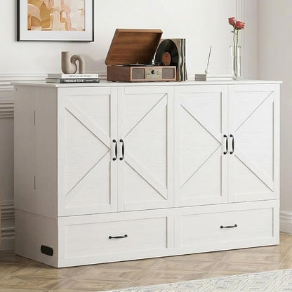 PUREMIND Murphy Bed Queen with Mattress Included, Crisscross Frame Cabinet Beds Chest with Charging Station & Storage Drawers, Convertible Hideaway Cabinet Bed for Guest Room, Small Spaces, White