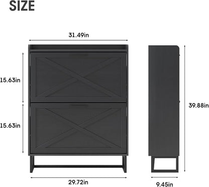 Maupvit Shoe Storage Cabinet with 2 Flip Drawers, Freestanding Organizer with Metal Legs for Entryway, Narrow Shoe Rack Cabinet, Black
