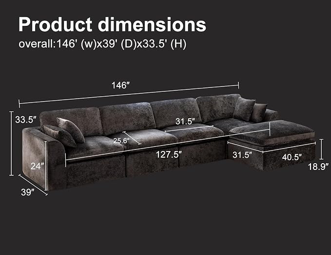 146" Modular Sectional Sofa – Modern Cloud Couch with Deep Chenille Seats, L-Shaped Boneless Sofa, Pet-Friendly, No Assembly, Warm White (4 Seater + 1 Ottoman)