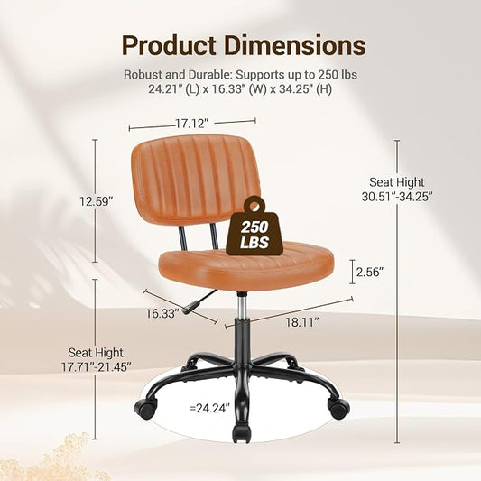 YSSOA Home Office Chair Desk Chair with Low Back and Wheels PU Leather Computer Chair Ergonomic Adjustable Height Comfy Chair Armless with Swivel Rolling Vanity Chairs for Bedroom Adult Brown