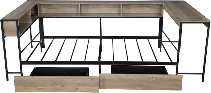 Bellemave Full Size Corner Bed Frame with Storage Drawers, Bookcase and Side Desk, Full Corner Bed with Light and Charging Station, Daybed for Bedroom, Living Room, Guest Room Gray
