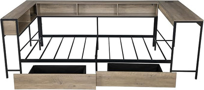 Bellemave Full Size Corner Bed Frame with Storage Drawers, Bookcase and Side Desk, Full Corner Bed with Light and Charging Station, Daybed for Bedroom, Living Room, Guest Room Gray