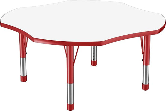 FDP Dry-Erase Clover Activity School and Classroom Kids Table (48 x 48 inch), Chunky Toddler Legs for Collaborative Spaces, Adjustable Height 15-24 inches - Whiteboard Top, Red Edge and Red Legs