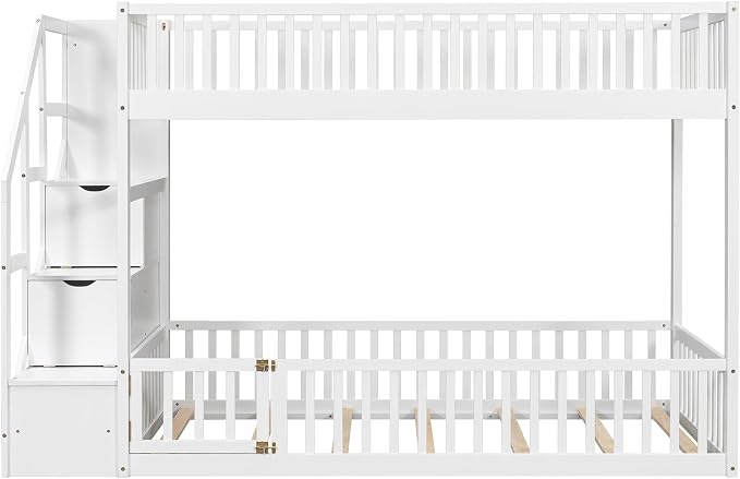 Twin Over Twin Floor Bunk Bed with Storage Ladder and Guardrails,for Kids Teens Adults (White#Ladder, Twin Over Twin)