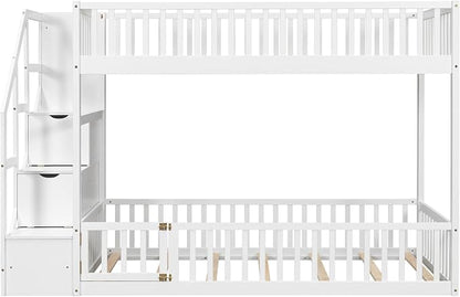 Twin Over Twin Floor Bunk Bed with Storage Ladder and Guardrails,for Kids Teens Adults (White#Ladder, Twin Over Twin)