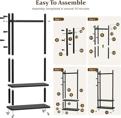 Taitiy Solid Wood Coat Rack Freestanding, Coat Rack Stand with 2 Shelves & 4 Hooks, Coat Tree for Entryway, Hallway, Bedroom, Living Room, Office - Clothing Rack for Coats, Hats, Bags (Black-L-Wheel)