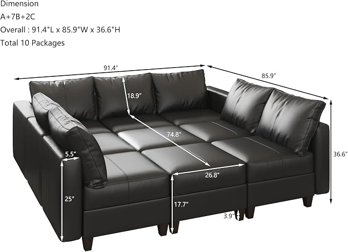 EASE MOOSE Faux Leather Sectional Couch with Storage,Black Sleeper Faux Leather Modualr Sofa Couch