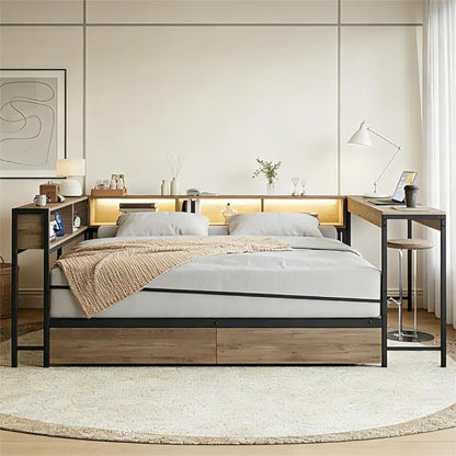 Bellemave Twin Corner Bed Frame with Storage Bookcase & 2 Drawers, Modern Metal Twin Daybed with LED Lights & Charging Station, Reversible Twin Corner Bed with Desk for Space-Saving, Grey