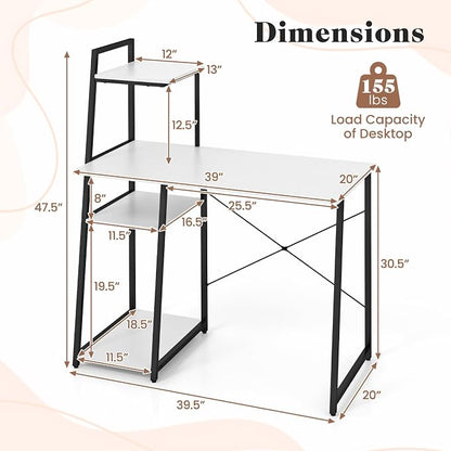 Tangkula Computer Desk with Shelves, Space Saving Home Office Desk with 3-Tier Ladder Shaped Storage Bookshelf, Modern Writing Study Desk with Metal Frame, Compact Computer Workstation (White)