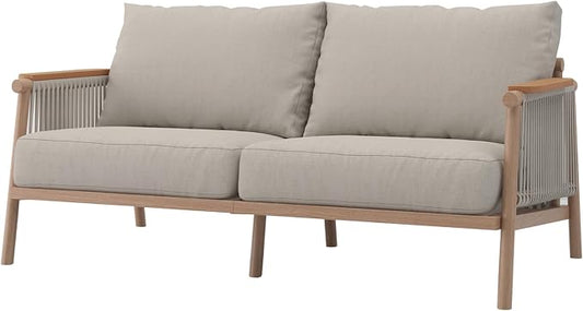 Acanva Modern All-Weather Aluminum Outdoor Patio Sofa with Thick Cushions, Olefin Fabric Sunroom Backyard Furniture, Loveseat Light Khaki