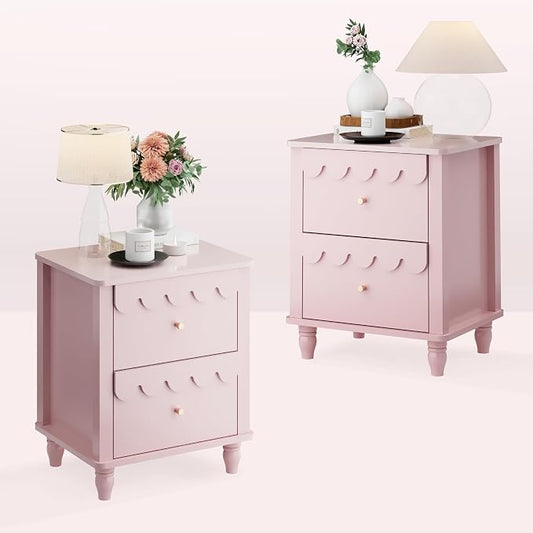 Anbuy Pink Nightstand Set of 2 with Petal Pattern, Modern Night Stand Set 2 with 2 Drawers for Bedroom, Side End Table Scalloped Bedside Night Tables with Solid Wood Legs