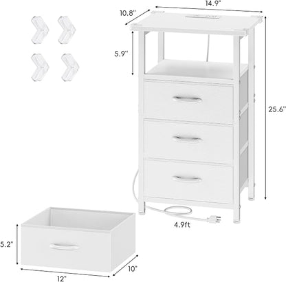 Vagusicc Nightstand Set of 2 with Charging Station, Bedside Table with USB Ports and Outlet, End Table Side Table with 2 Fabric Drawers and Storage Shelf, Bed Side Table Night Stand for Bedroom, White