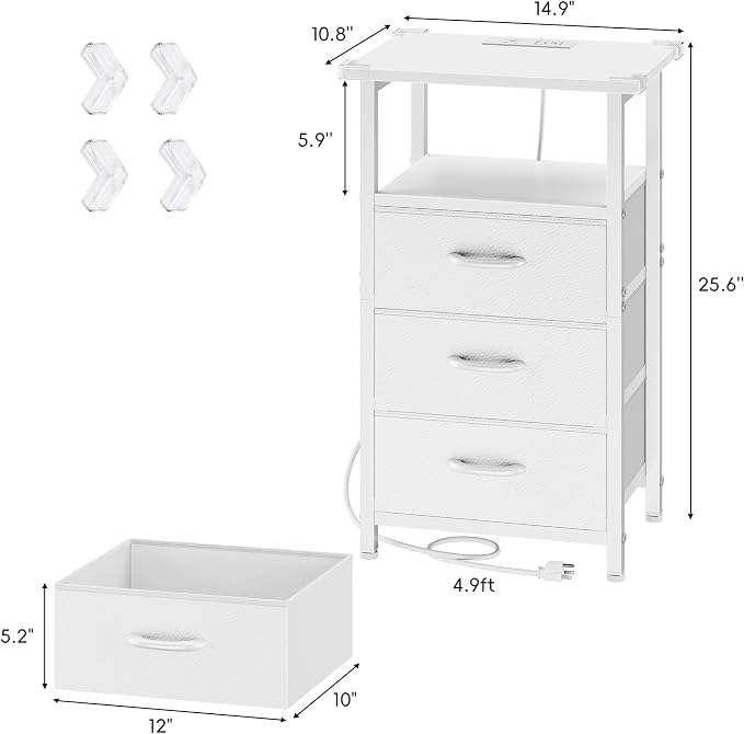 Vagusicc Night stand Set 2 with Charging Station, LED Nightstand for Bedroom, White Bedside Table with 3 Fabric Drawer, End Table Side Table with USB Ports & Outlets, Bed Side Table for Bedroom, White