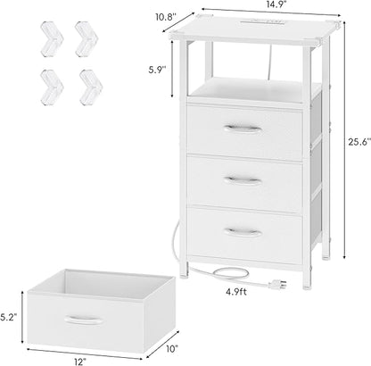Vagusicc Night Stand with Charging Station, LED Nightstand for Bedroom, White Bedside Table with 3 Fabric Drawers, End Table Side Table with USB Ports and Outlets, Bed Side Table for Bedroom, White