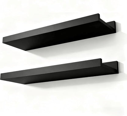 Black Floating Shelves for Wall Decor, Wall Mounted Wood Storage Shelf for Bedroom, Living Room, Bathroom, Kitchen, Nursery, Display Picture Ledge Shelf with Lip Set of 2-14 Inches, Black