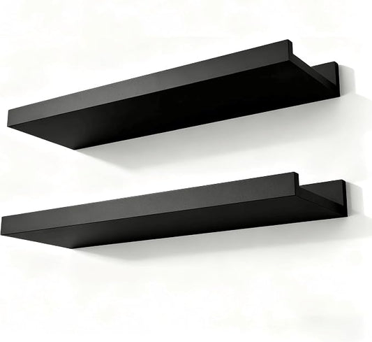 Black Floating Shelves for Wall Decor, Wall Mounted Wood Storage Shelf for Bedroom, Living Room, Bathroom, Kitchen, Nursery, Display Picture Ledge Shelf with Lip Set of 2-14 Inches, Black