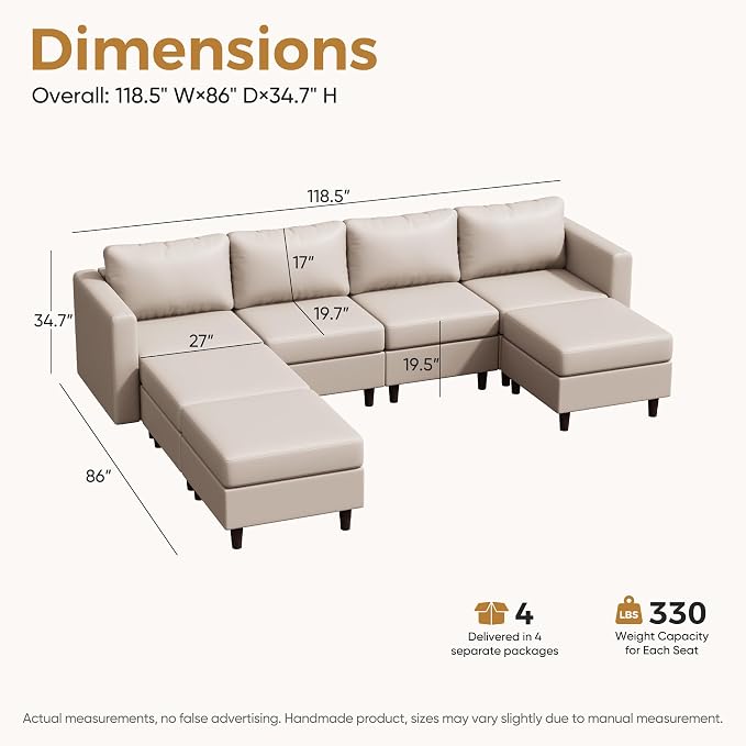 ABCASA 118.5" U Shaped Leather Couch, 7 Seater Oversized Modular Sectional Sofa with Storage Seat & Movable Ottoman, Comfy Pet-Friendly Faux Leather Couches for Living Room,Apartment,Gray