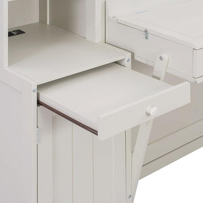 Merax Queen Size Murphy Bed with Desk and Lights, Power Outlet, Foldable Murphy Cabinet Bed with Open Storage Shelves & Drawers, Wood Space-Saving Hidden Wall Bed for Guest Room Office, Antique White