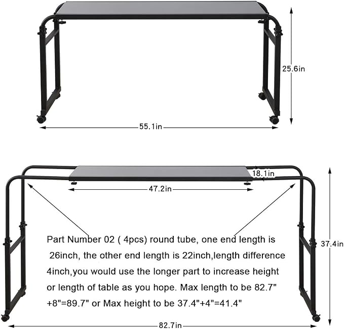 TigerDad Heavy Duty Overbed Table with Wheels, 55"-83" Adjustable Cross Bed Desk for King Queen Size, Mobile Rolling Laptop Cart for Home Office & Hospital Bed