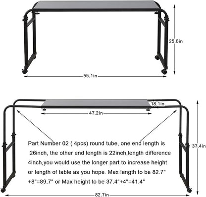 TigerDad Heavy Duty Overbed Table with Wheels, 55"-83" Adjustable Cross Bed Desk for King Queen Size, Mobile Rolling Laptop Cart for Home Office & Hospital Bed