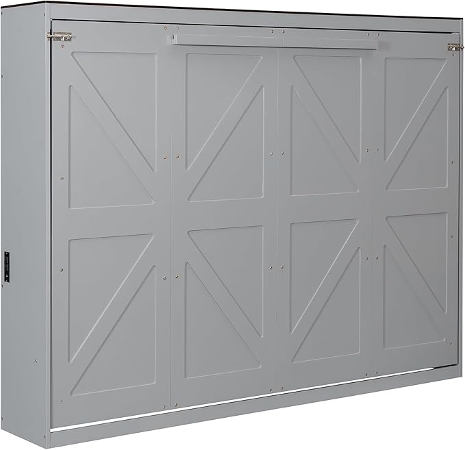 Virubi Queen Horizontal Murphy Bed with USB Charging Station,Wood Farmhouse Murphy Wall Bed Cabinet with Slats,Foldable Space-Saving for Guest Room, Home Office (Gray,Queen)