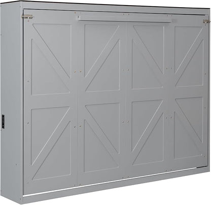 Virubi Queen Horizontal Murphy Bed with USB Charging Station,Wood Farmhouse Murphy Wall Bed Cabinet with Slats,Foldable Space-Saving for Guest Room, Home Office (Gray,Queen)