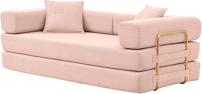 4-in-1 Folding Convertible Sofa Bed, 78 Inch Boneless Couch with Fixed-Shape Frame, Corduroy Loveseat Sleeper with Pull Out Bed, Floor Sofa Modular Futon Couch for Living Room Bedroom Lounge (Pink)