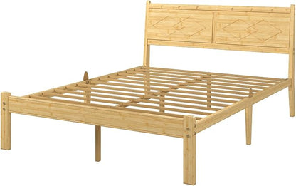 Askeld 14 inch Bamboo Queen Bed Frame with Headboard, Light Cottagecore Solid Wood Platform Bed No Box Spring Needed, Easy Assembly, Noise Free